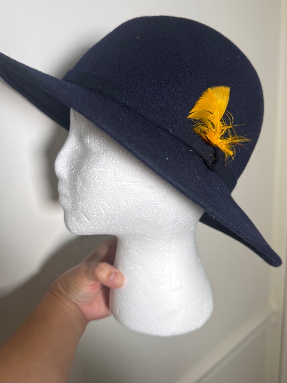 Lancaster Women's Vintage Hat 100% Wool Navy with Yellow Feather Accent Small